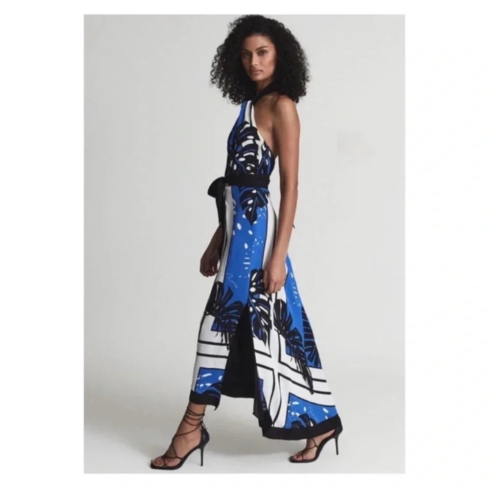 NWT REISS London Erin Palm Leaf Print Halter Midi Dress - Picture 2 of 6